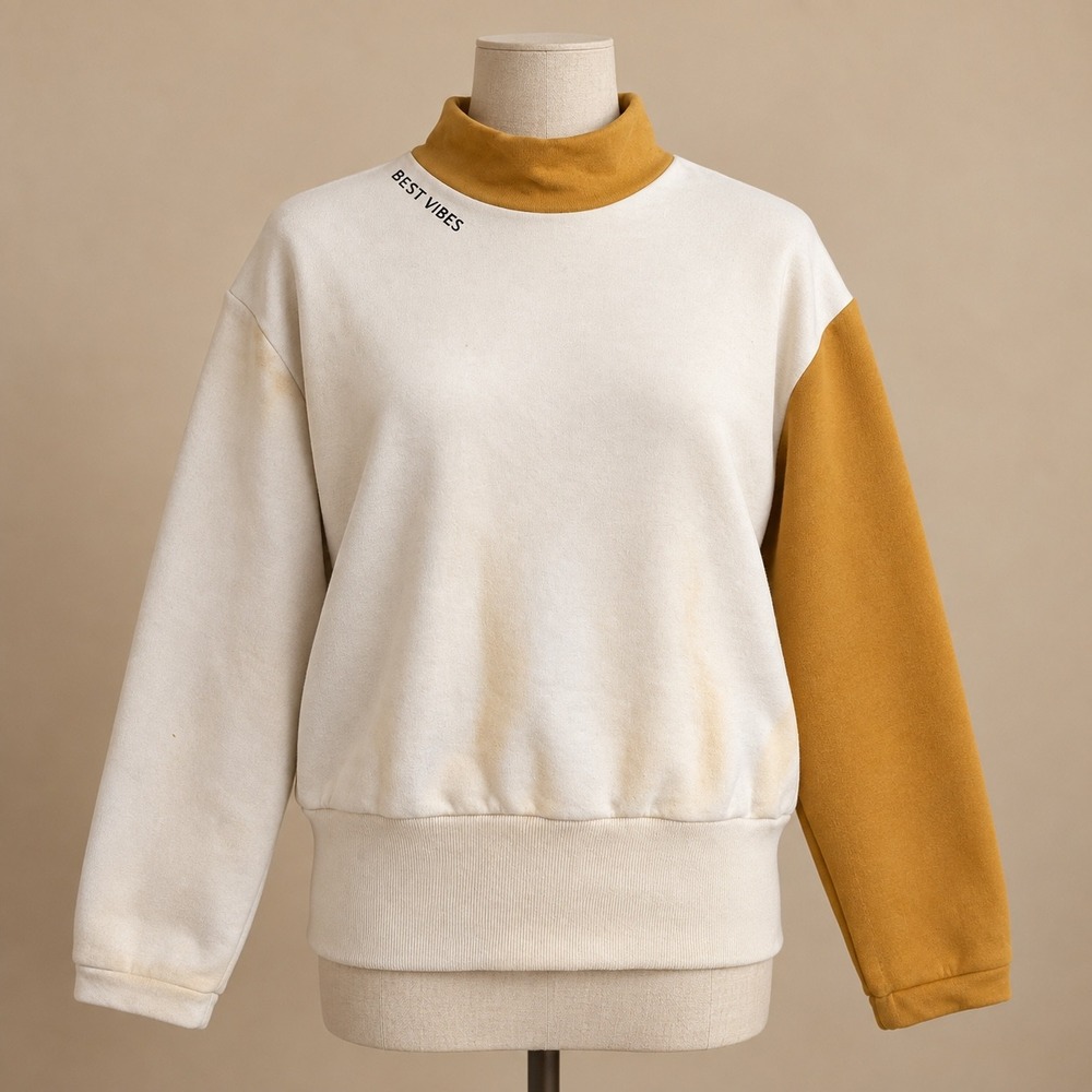 Zara Trafaluc Best Vibes Colorblock Mock Neck Sweatshirt Cream Yellow Small